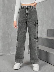 SHEIN Pantalones Vaqueros Con Bolsillos De Estilo De Ropa De Trabajo Para Adolescentes - Gris Oscuro - Ver 5