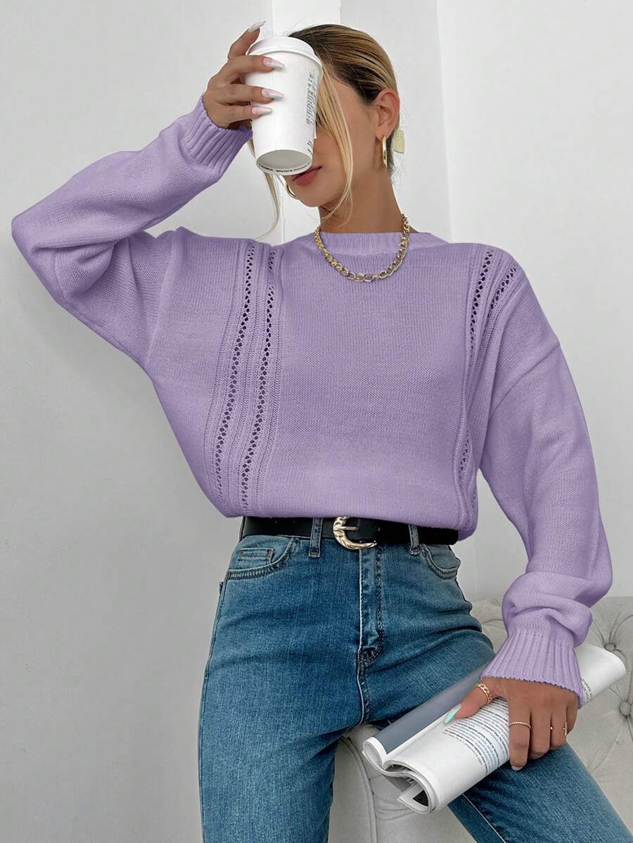 RueChic Suéter Holgado De Punto Morado Para Dama Con Diseño Calado - Púrpura malva - Ver 1