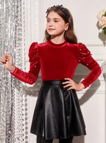 SHEIN Cô gái Tween Ngọc trai đính cườm Tay áo Nhung Áo - Đỏ - Xem 5