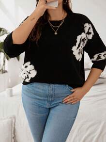 SHEIN LUNE Plus Size Printed Round Neck Pullover Sweater