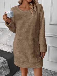 SHEIN LUNE Women's Solid Color Round Neck Straight Dress - Coffee - View 4