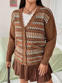 Flirla 大尺碼扇貝邊條紋開襟衫 - 彩色 - 查看 6