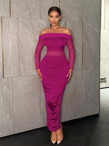 SHEIN SXY Vestido de mujer con hombros descubiertos, abertura lateral y drapeado - Morado - Ver 3