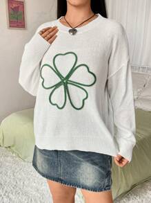 Flirla Plus Size Stylish Floral Embroidery Round Neck Sweater