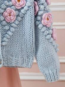 SHEIN LUNE Hoa nổi Nút phía trước Áo len Mở - Màu xanh lam - Xem 6