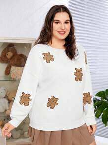SHEIN EZwear Plus Size Women's Drop Shoulder Sweater With Little Bear Embroidery - White - View 4