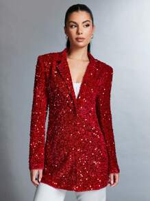 SHEIN BAE Blazer De Terciopelo Rojo Con Lentejuelas, Atuendo Glamoroso Para Fiestas - Rojo - Ver 6