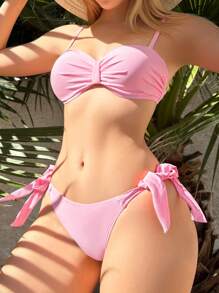 Swim Mod Bộ Bikini trơn màu đi biển mùa hè cho nữ (Đẩy lên có gọng) - Hồng - Xem 3
