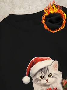 SHEIN Slayr Christmas Cat Print Drop Shoulder Thermal Sweatshirt - Black - View 4