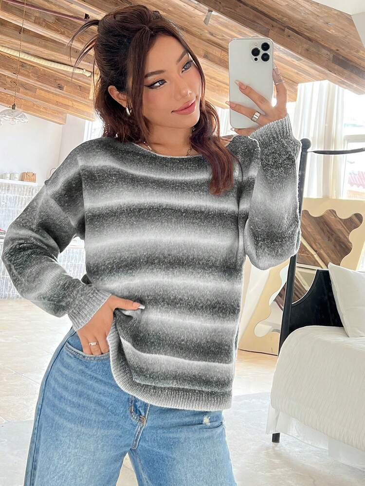 Loose Knit Sweater With Wide Neckline And Drop-shoulder Design
