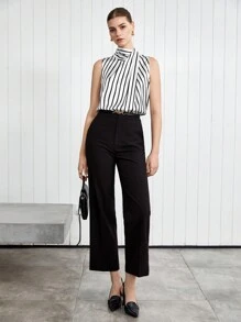 BizChic 女士优雅通勤黑白条纹缎面印花吊带背心，都市通勤办公商务休闲装，派对聚会装扮