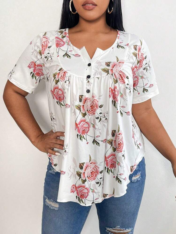 Plus Floral Print Half Button Tee