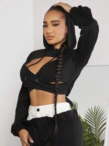 SHEIN SXY 女款十字剪裁鬆緊繩帽黑色運動衫 - 黑色 - 查看 5