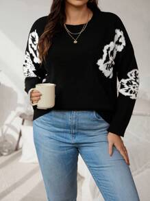 SHEIN LUNE Plus Size Printed Round Neck Pullover Sweater