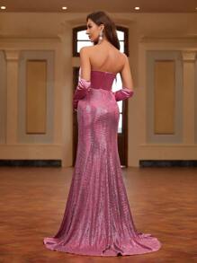 SHEIN Belle Ladies' Cocktail Evening Dress (Heavy) With Mixed Material, Strapless Design, Gloves And Fish Tail Hem Gown Evening Gown - Pink - View 2