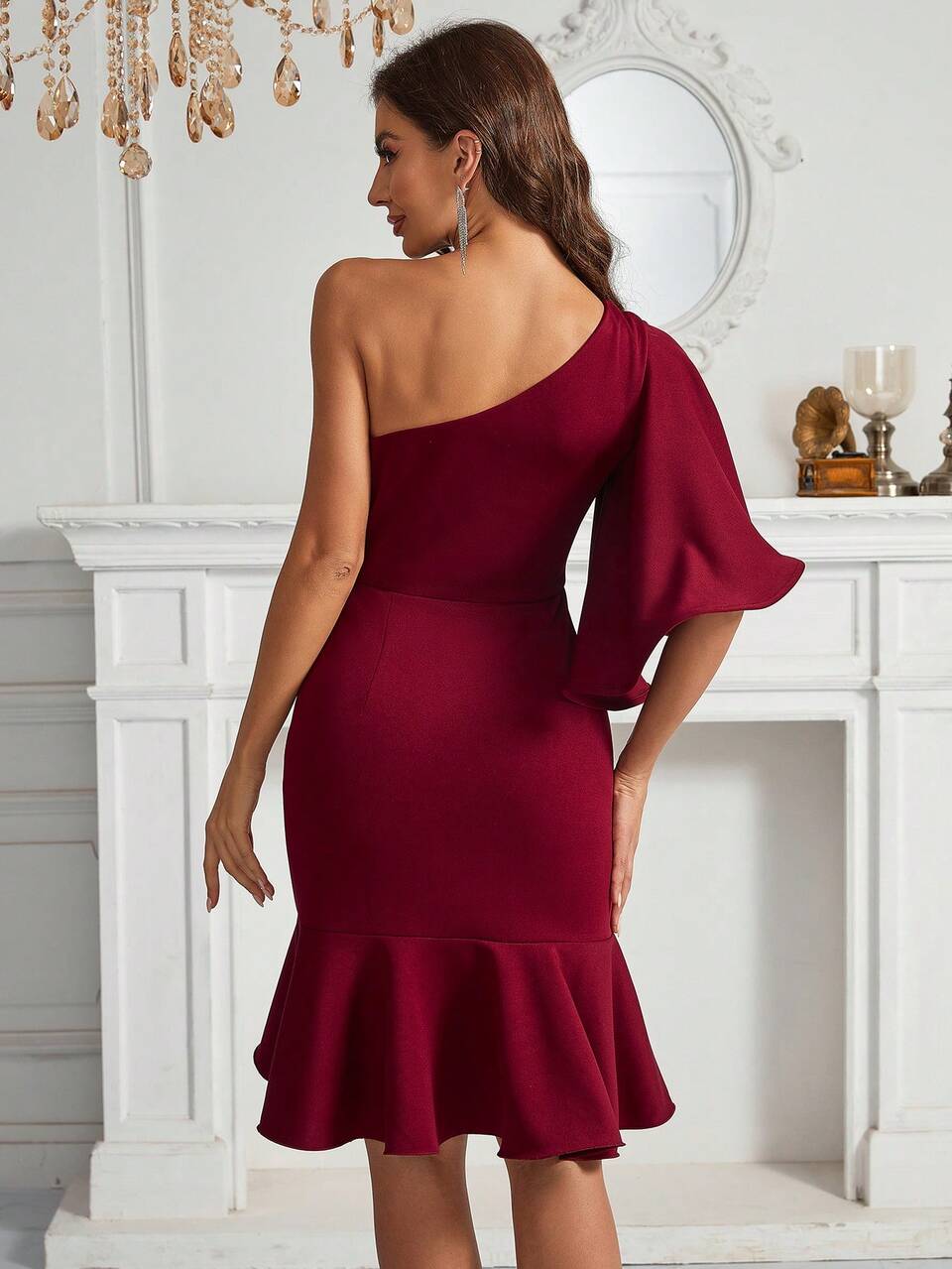 Burgundy Red One Shoulder Butterfly Sleeve Ruffle Hem Cocktail Dress