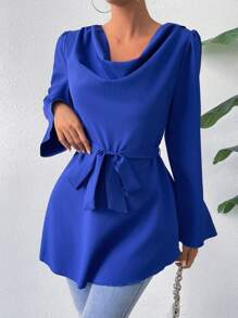 SHEIN Privé Của phụ nữ Cổ bò Thắt lưng Áo sơ mi - Màu xanh lam - Xem 6