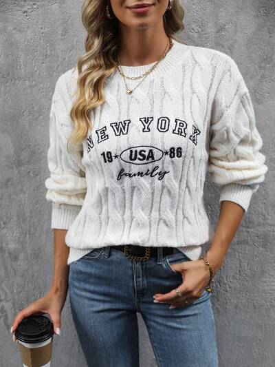 Women's Letter Embroidery Cable Knit Drop Shoulder Knit Pullover Fall Winter Sweater