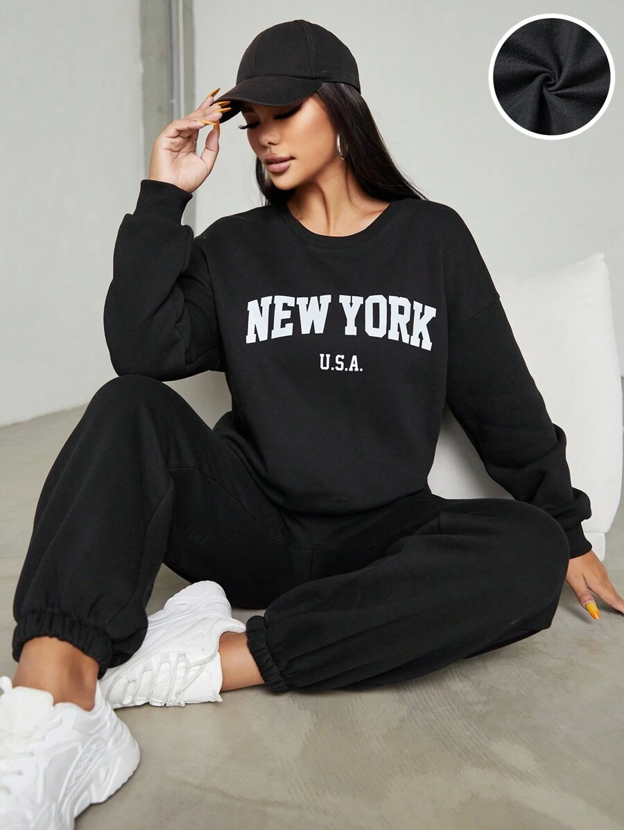 EURMUSE Letter Graphic Drop Shoulder Pullover & Sweatpants - Black - View 1