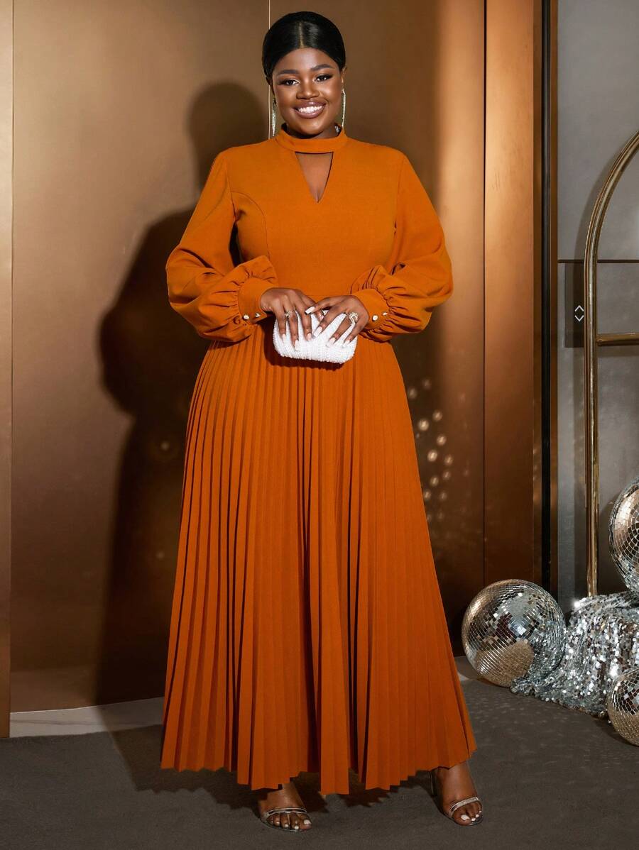 Plus Size Women's Brown Solid Keyhole Neck Lantern Sleeve Ruched Elegant Dress, Suitable For Party, Club, Birthday, Banquet, Evening, Ball, New Year And Other Occasions