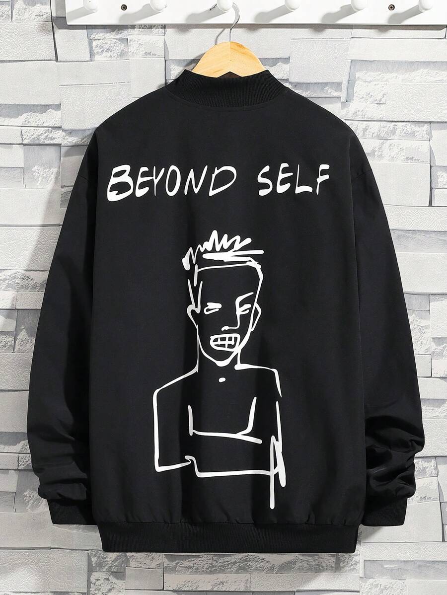 SHEIN Teen Boy Letter & Figure Graphic Bomber Jacket - Black - View 1