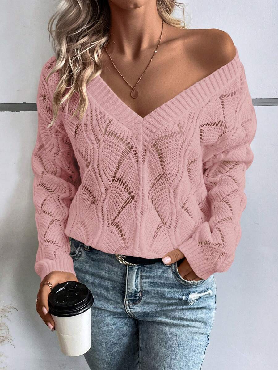 SHEIN LUNE Suéter De Hombros Caídos De Punto De Color Liso Con Lunares - Rosa vieja - Ver 1