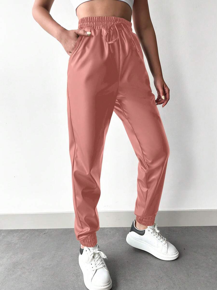 EURMUSE Drawstring Waist PU Pants - Pink - View 1