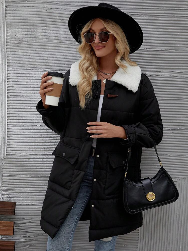Teddy Fleece Contrast Collar Flap Pocket Padded Padded Coat Clothes Winter Fall Cloth For Women