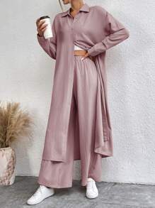 SHEIN LUNE Solid Color Drop Shoulder Long Shirt And Wide Leg Pants Two-Piece Set - Pink - View 6