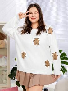 SHEIN EZwear Plus Size Women's Drop Shoulder Sweater With Little Bear Embroidery - White - View 7
