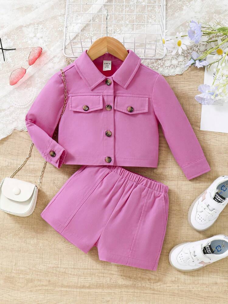 Baby Girls' Casual Pink Long Sleeve Shirt With Elastic Waistband Shorts Set