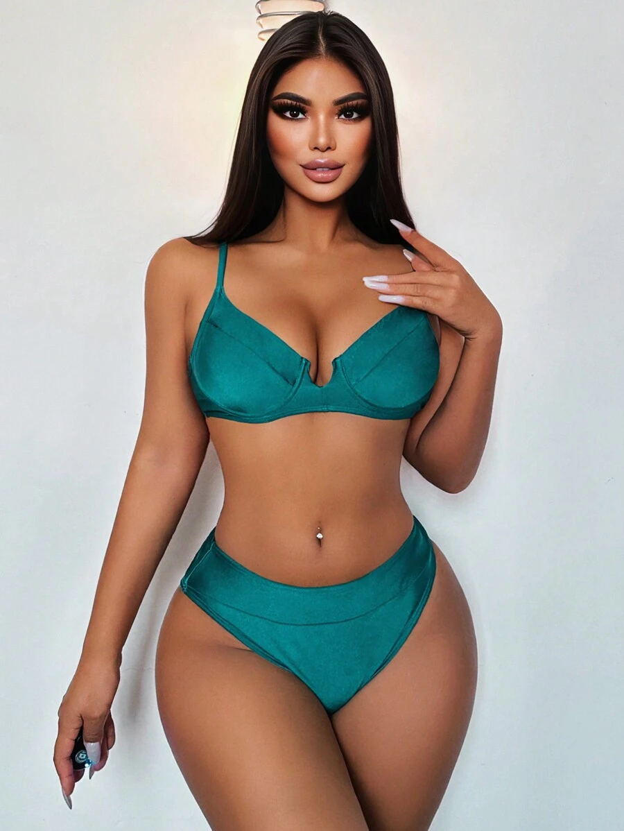 SHEIN Swim Bộ Bikini Chữ V Lấp Lánh Cho Nữ Mùa Hè - Nhiều màu - Xem 1