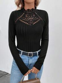 SHEIN Clasi Áo thun bó lót ren giữ nhiệt - màu đen - Xem 6