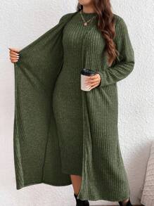 SHEIN LUNE Plus Size Women's Ribbed Open Front Coat And Tank Dress Set - Green - View 5