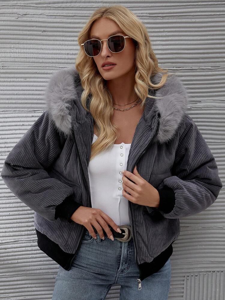 Hooded Corduroy Padded Padded Coat Clothes Winter With Fur Collar