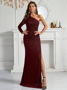 SHEIN Belle 單肩褶邊高衩金屬亮絲正式洋裝 - 紅色 - 查看 1