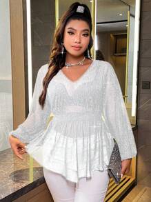 Celure 女裝大尺碼襯衫,蕾絲邊荷葉袖設計 - 白色 - 查看 7