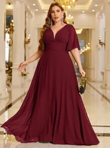 SHEIN Belle Plus Plunging Neck Butterfly Sleeve Chiffon Bridesmaid Dress - Burgundy - View 5