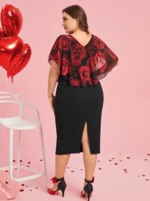 SHEIN Clasi Bloemenpatroon Korte Mouw Plus Size Lente Bruidsjurk, Valentijnsdag