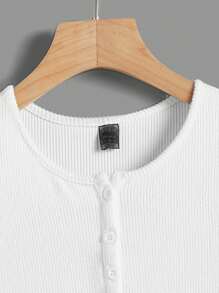 SHEIN Thai sản Nút Nửa Ren Mộc nhĩ Áo thun - trắng - Xem 5