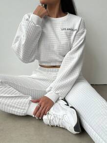 SHEIN Unity Thêu Chữ Thả vai Áo len crop & Quần nỉ - trắng - Xem 1