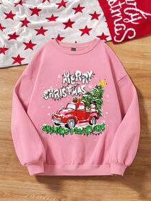 SHEIN LUNE Sudadera Con Capucha De Forro Polar Impresa De Navidad Para Mujer - Rosa Pálido - Ver 5