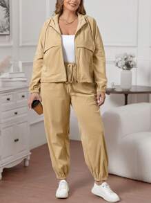 SHEIN LUNE Kích thước lớn Màu thuần Áo nỉ có mũ Và Quần Bộ đồ thể thao In Vải to sợi Chất vải - Lạc đà - Xem 6