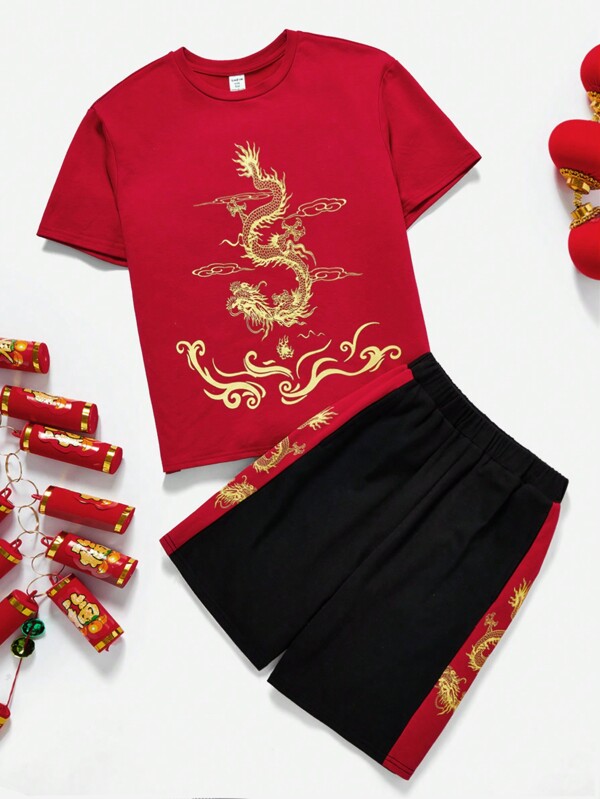 SHEIN Casual T-shirt Mit Kurzen Ärmeln Und Set Aus Weiten Hosen Im Chinesischen Stil Für Jungen In Der Pubertät