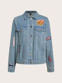 SHEINNeu Letter Patched Flap Detail Denim Jacket