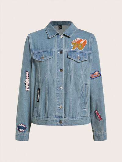 Letter Patched Flap Detail Denim Jacket