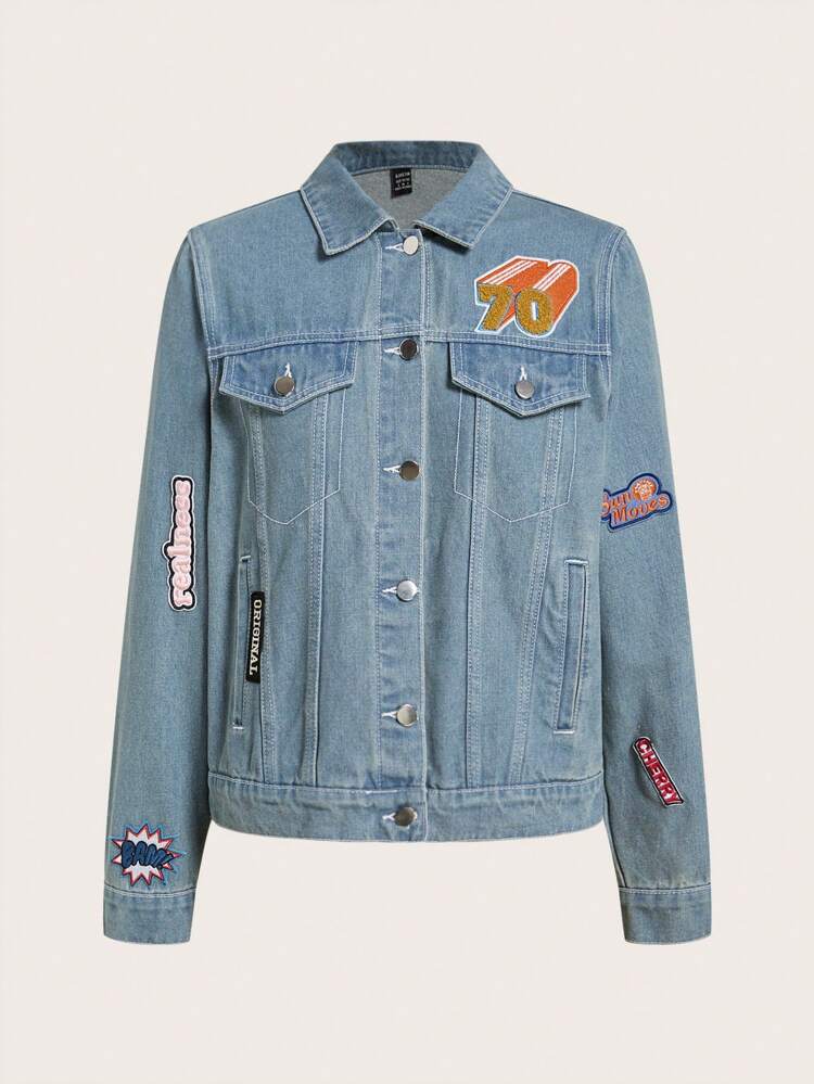 Letter Patched Flap Detail Denim Jacket