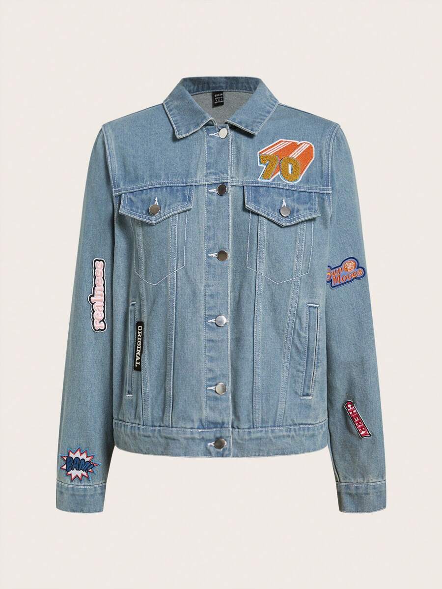 SHEINNeu Letter Patched Flap Detail Denim Jacket