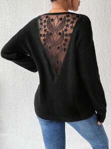 Chiquease Women's Decoration Buckle Design Mesh Knitted Sweater With Back Insert Fall Winter - Black - View 1