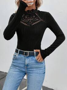 SHEIN Clasi Áo thun bó lót ren giữ nhiệt - màu đen - Xem 5